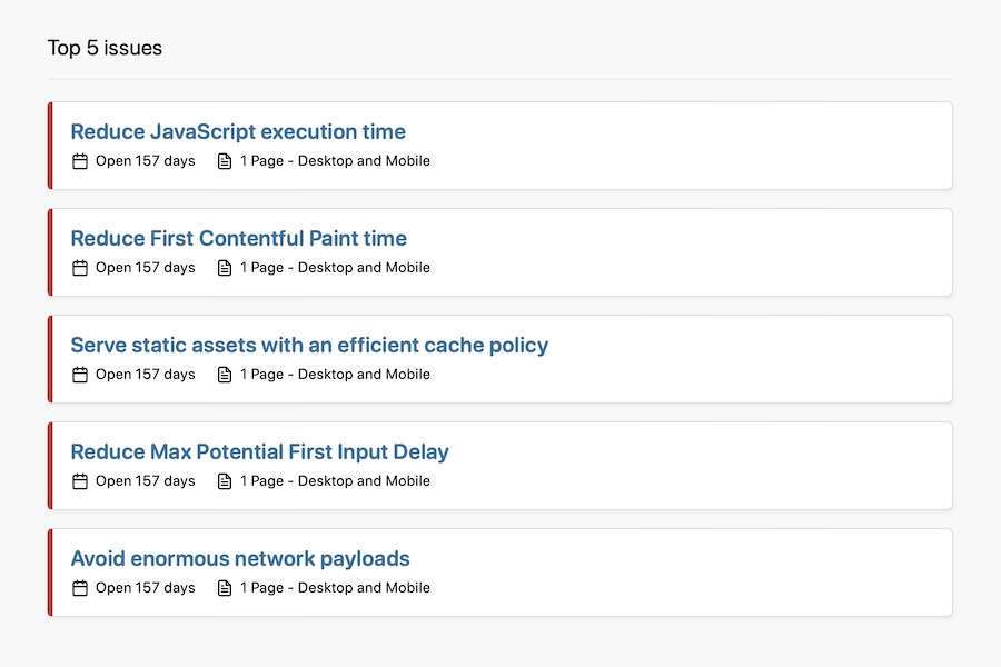 Screenshot showing list of website quality issues